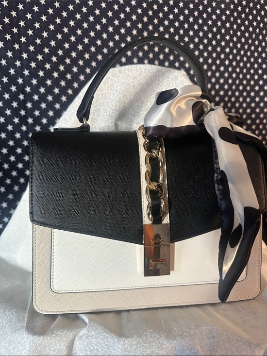 Aldo Handbags - Aldo Black and White Top-Handle Satchel with Gold Chain Accent